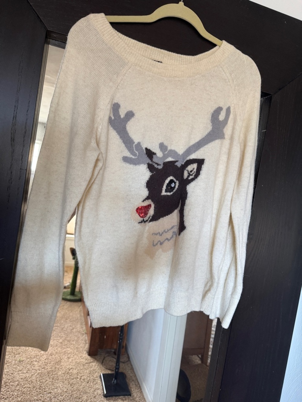 H&M Cream Reindeer Crewneck Sweater with Gray Antlers